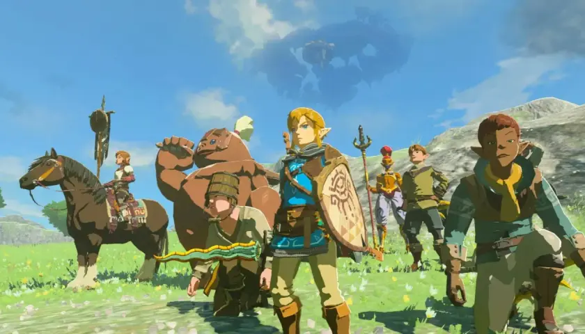 Link e compagni, con armature iconiche di Zelda Tears of the Kingdom, si preparano all'avventura sotto un cielo minaccioso.