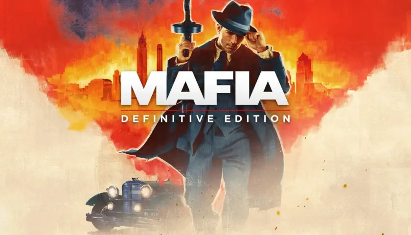 Mafia Definitive Edition recensione: un gangster con cappello e mitra, sullo sfondo una città e un'auto d'epoca.