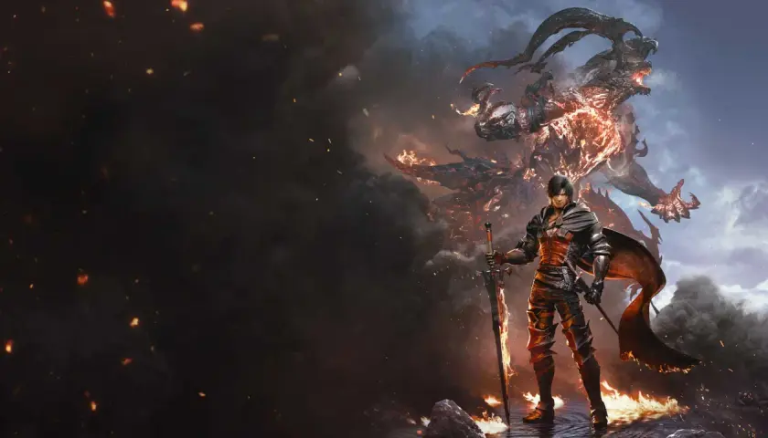 Clive con la sua spada fiammeggiante affronta un imponente Eikon. L'epica avventura di Final Fantasy 16 su Xbox.