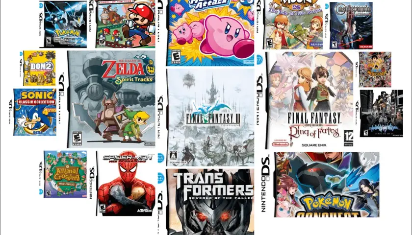 Raccolta di copertine dei migliori giochi DS: Pokémon, Zelda, Final Fantasy, Kirby, Sonic e altri ancora.