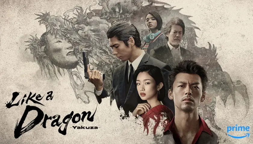Yakuza Like a Dragon recensione: un poster con volti intensi, un drago stilizzato e la scritta "Like a Dragon".