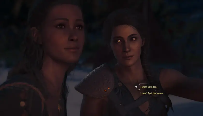 Kassandra, l'assassina di Assassin's Creed, in un momento intimo. Le sue scelte influenzano le relazioni.