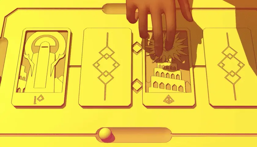 Mano che sfiora carte con simboli stilizzati, forse un riferimento al gioco "Chant of Sennaar".