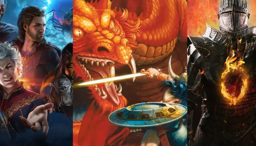 Un guerriero affronta un drago, mentre altri personaggi fantasy si preparano per un epico d&d gioco online.