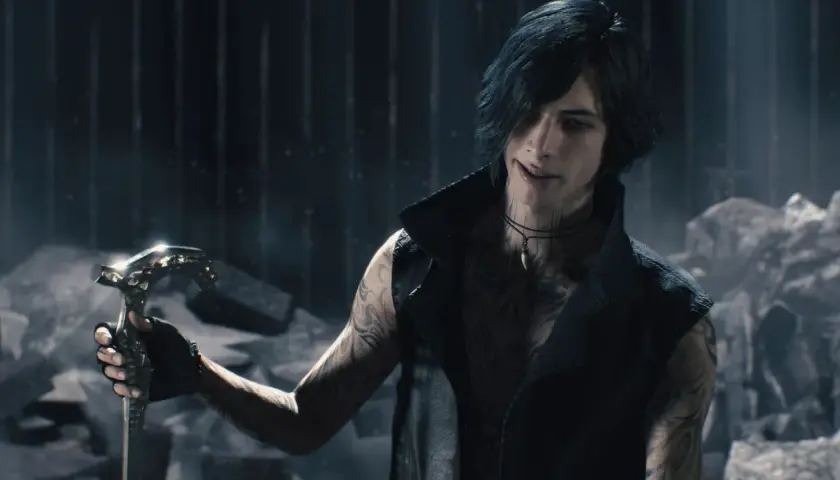V, con il suo bastone e i tatuaggi, è pronto per la recensione di Devil May Cry 5.