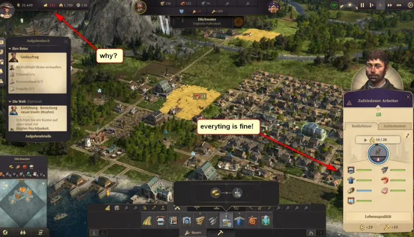 Anno 1800 recensione: una città prospera con campi dorati e case ordinate. La soddisfazione dei lavoratori è alta, tutto procede bene.