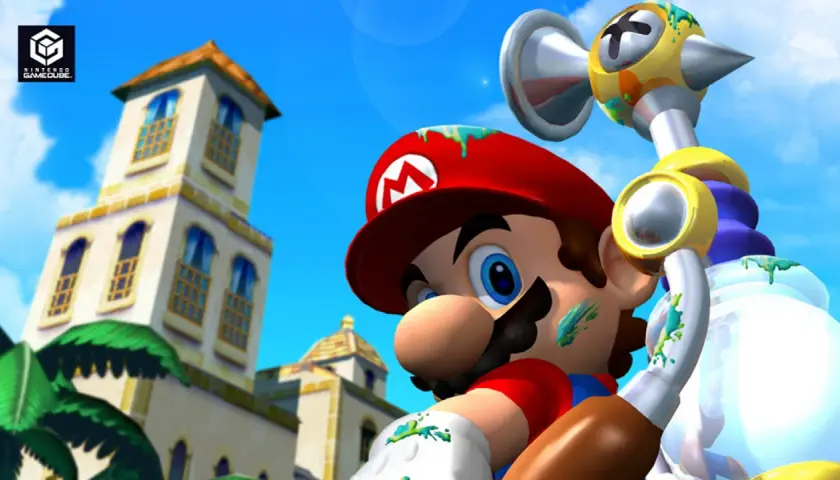 Mario con il suo pennello spruzza colore, pronto per i migliori giochi GameCube.