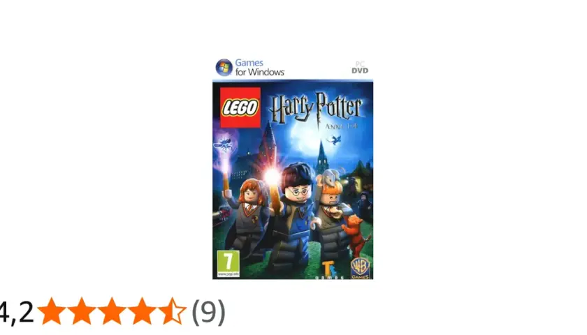 Copertina del gioco Lego Harry Potter Anni 1-4 per PC. Harry, Ron e Hermione in versione Lego davanti a Hogwarts.