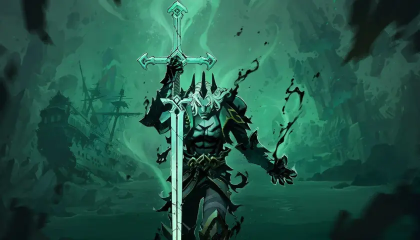 Guerriero spettrale con spada luminosa, circondato da nebbia verde e un relitto di nave. Il suo sguardo presagisce il **rise of legends**.