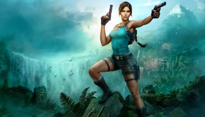 Lara Croft, pronta per la prossima avventura Tomb Raider, con pistole in mano, in un'ambientazione giungla con cascate e rovine antiche.