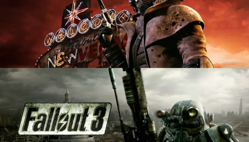 Due guerrieri post-apocalittici, uno con un'iconica insegna di benvenuto di Fallout 3 remastered sullo sfondo, l'altro con il logo di Fallout 3.
