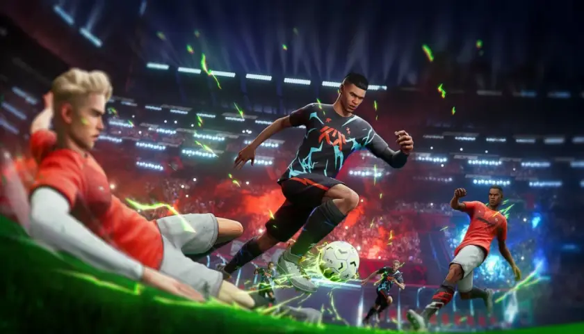 Giocatori in azione in uno stadio, pronti a segnare. L'uscita del nuovo gioco di calcio è imminente!