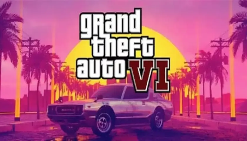 Logo di GTA 6 con un'auto d'epoca su uno sfondo tropicale al tramonto.