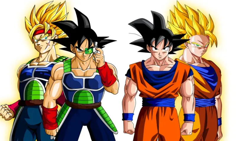 Bardock e Goku, con le loro trasformazioni in ordine: Bardock con scouter, Bardock Super Saiyan, Goku base e Goku Super Saiyan.