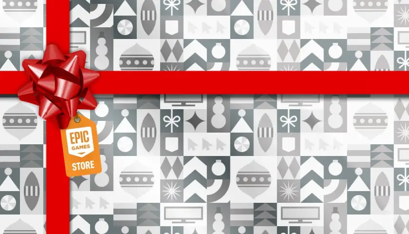 Regalo di Natale: epic games gioco gratis 24 dicembre. Un pacco regalo con fiocco rosso e tag Epic Games Store.