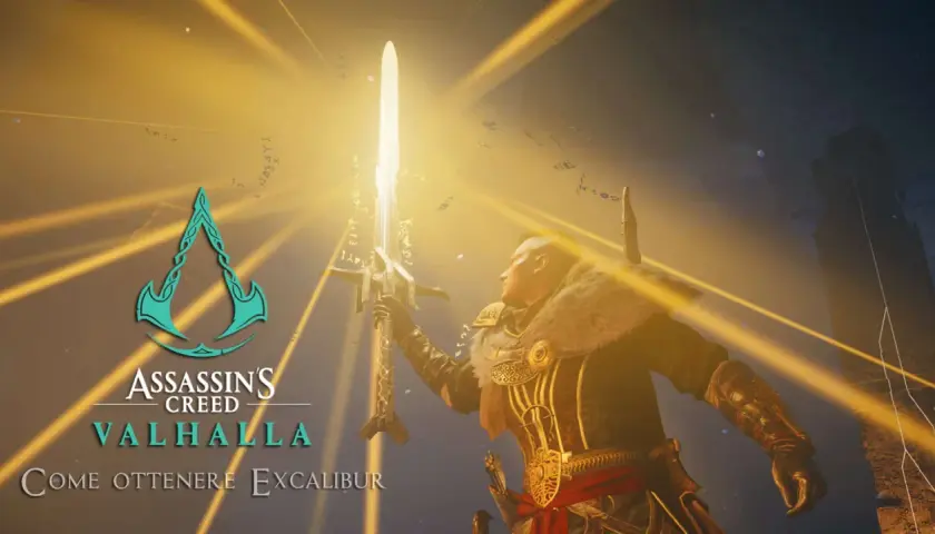 Eivor brandisce Excalibur, la leggendaria spada di Assassin's Creed Valhalla, sotto raggi dorati.