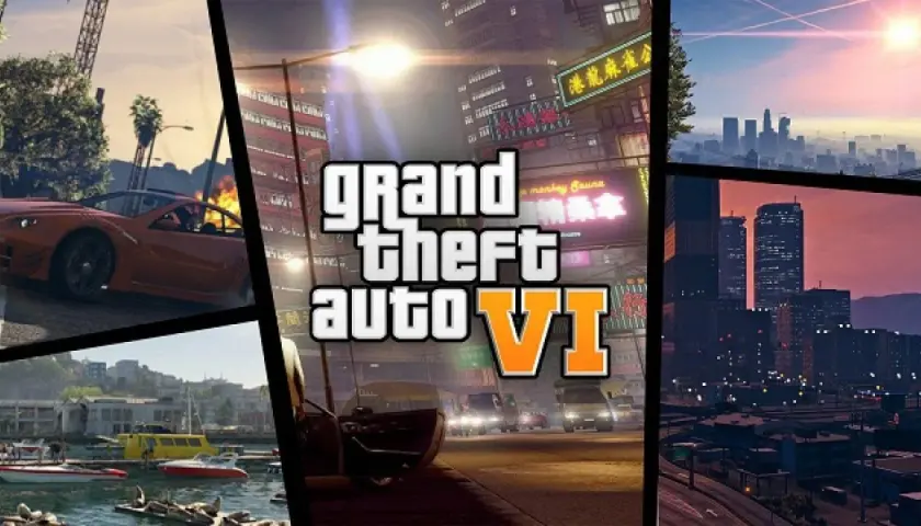 Montaggio di scene di gioco di Grand Theft Auto VI, con auto sportive, città illuminate e paesaggi urbani al tramonto. Il budget per GTA 6 sembra illimitato!