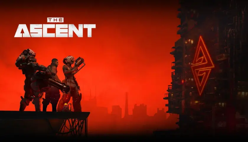 La recensione di The Ascent: tre guerrieri cyberpunk si preparano alla battaglia su uno sfondo rosso fuoco, con un grattacielo illuminato da un logo al neon.
