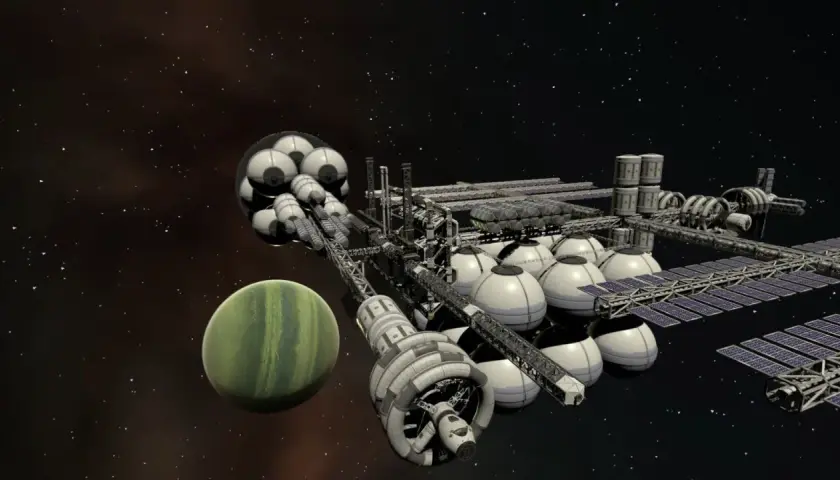 Stazione spaziale complessa in Kerbal Space Program 2, con moduli sferici e pannelli solari, accanto a un pianeta verde striato.