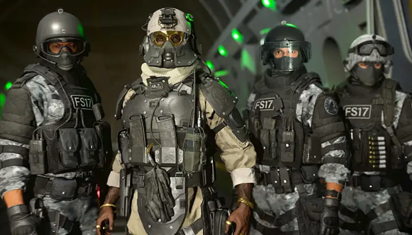 Squadra di operatori tattici pronti all'azione in DMZ, Call of Duty. Equipaggiamento pesante e sguardo determinato.