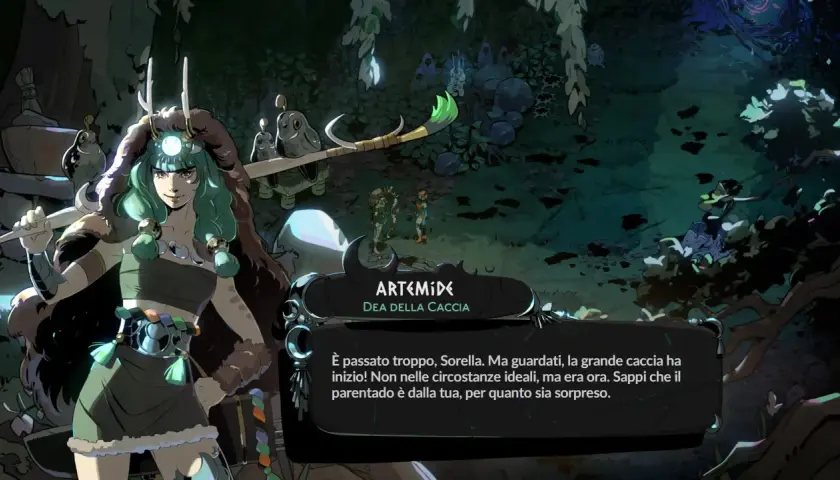 Artemide, dea della caccia, parla in questo screenshot di Hades 2 per PS5. La sua frase suggerisce un'avventura imminente.