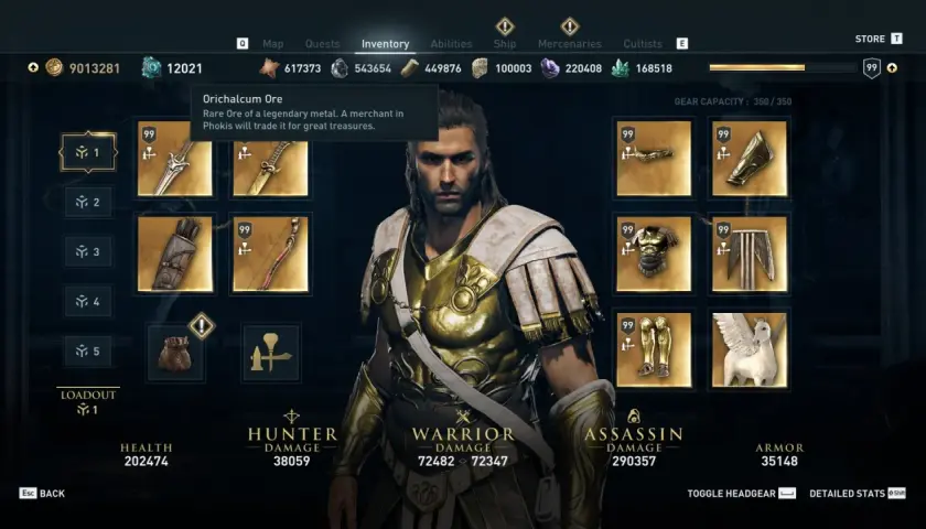 Interfaccia di Assassin's Creed Odyssey: inventario con Orichalcum Ore, statistiche del personaggio e equipaggiamento.