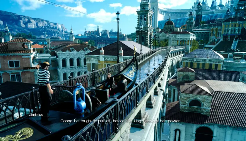 Gladiolus su una gondola a Insomnia, un momento chiave nella recensione di Final Fantasy XV.