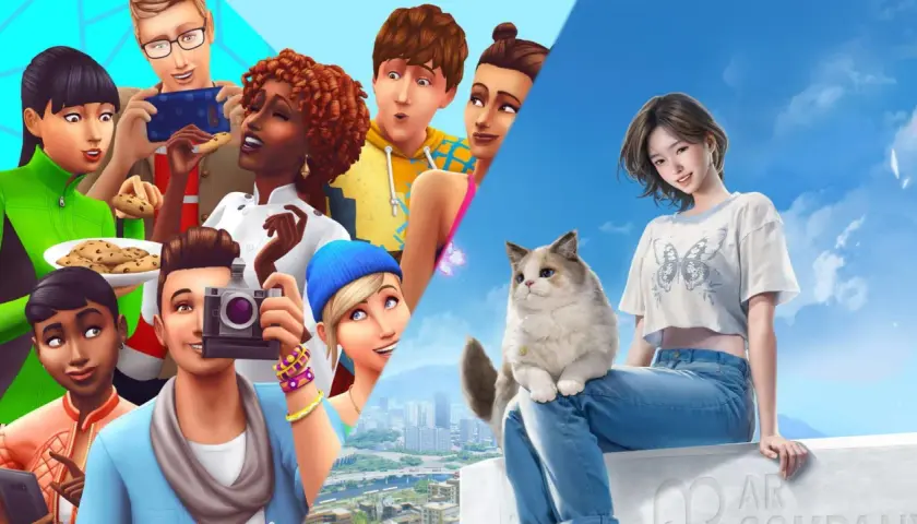 Sims felici con biscotti e fotocamere, un gatto e una ragazza sotto un cielo azzurro. Un'anteprima di The Sims Switch.
