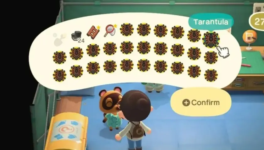 Inventario pieno di tarantule in Animal Crossing New Horizons. Un giocatore ha catturato molti insetti, pronti per essere venduti.