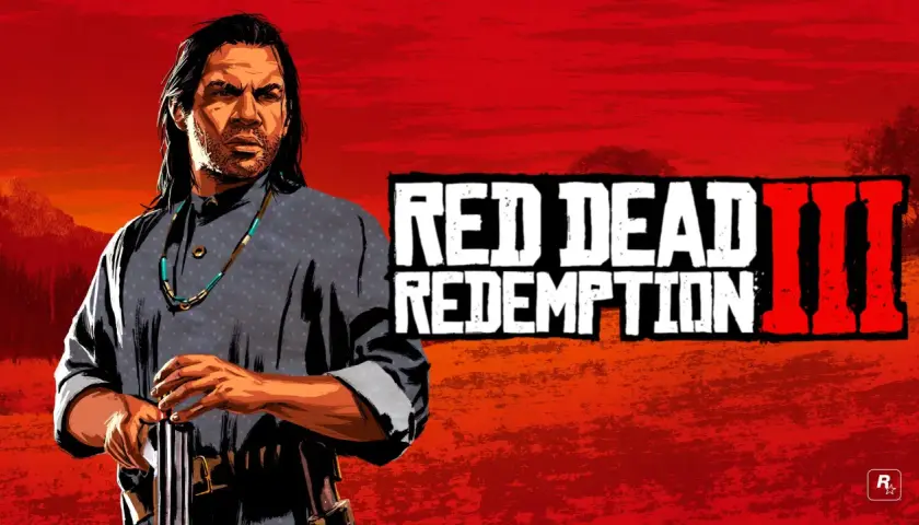 Un uomo con lunghi capelli neri e una collana di perline turchesi si prepara a sparare. Il logo "RED DEAD REDEMPTION III" campeggia sullo sfondo rosso fuoco.