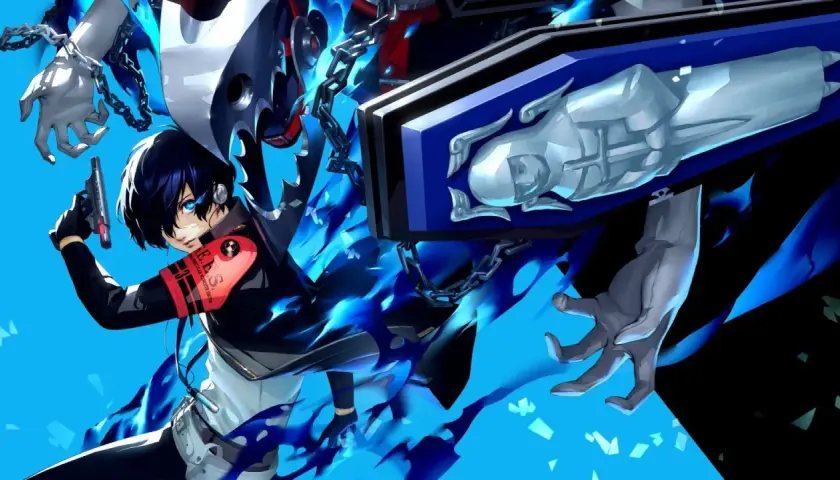 Makoto Yuki con la sua Evocazione in Persona 3 Reload per Nintendo Switch, circondato da fiamme blu e catene.