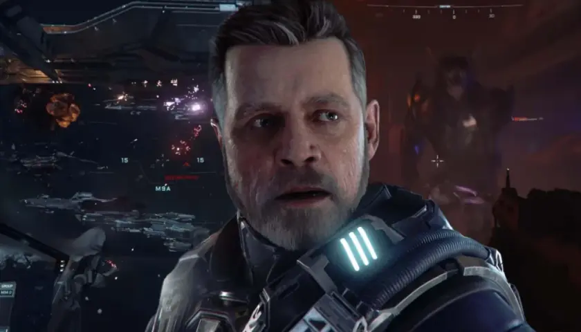 Un uomo con espressione preoccupata in una battaglia spaziale, forse in Star Citizen per PS5. Navi e esplosioni sullo sfondo.