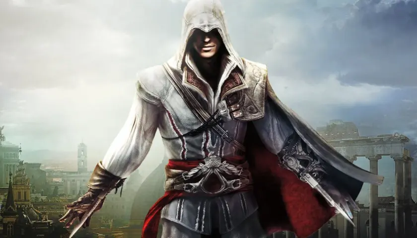 Ezio Auditore, protagonista del miglior Assassin's Creed PS4, pronto all'azione con la sua lama celata tra le rovine di Roma.