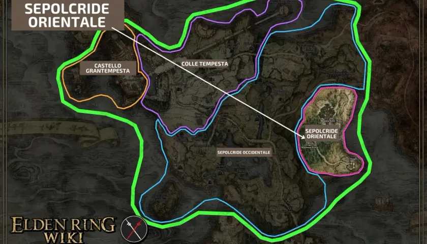 Mappa di Elden Ring che evidenzia Sepolcride Orientale, Castello Grantempesta e Colle Tempesta.