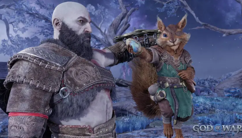 Kratos e Ratatoskr interagiscono in un paesaggio innevato. La durata di God of War Ragnarök è un'avventura epica.