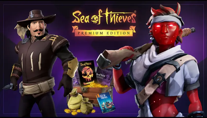 Due pirati, uno con baffi e cappello, l'altro rosso fiammante, presentano la Premium Edition di Sea of Thieves. Una recensione visiva dell'avventura.