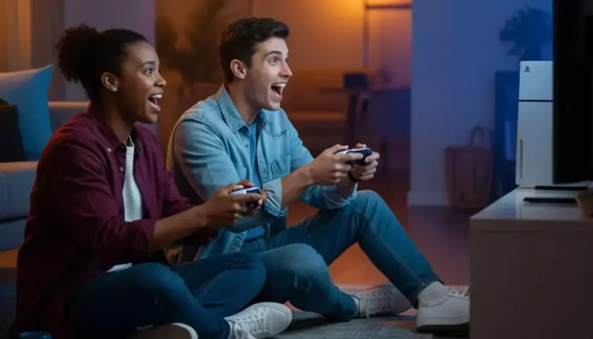 Coppia entusiasta gioca ai **giochi PS5 per 2 giocatori** sul divano, controller alla mano, immersi nell'azione.
