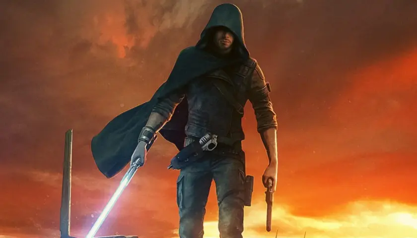 Un Jedi solitario con spada laser e blaster, pronto per la sua avventura in Star Wars Jedi Survivor recensione.