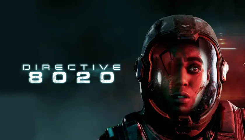 Un astronauta spaventato, riflesso di un alieno nel casco, sotto la scritta "DIRECTIVE 8020 uscita".