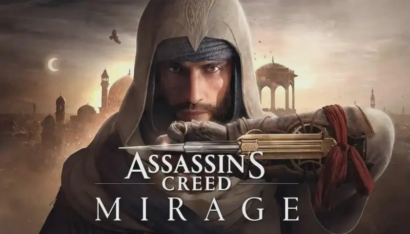 Assassin's Creed Mirage recensione: un assassino con lama nascosta e città sullo sfondo.