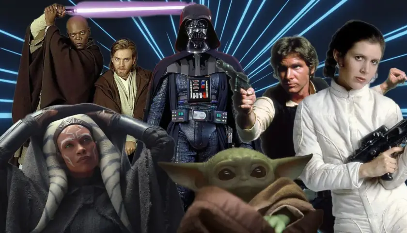 Un gruppo di eroi e cattivi di Star Wars, tra cui Darth Vader, Han Solo, Leia, Obi-Wan, Mace Windu, Ahsoka Tano e Grogu.
