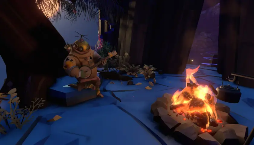 Un personaggio con tuta da sub suona il banjo vicino a un falò. Un'atmosfera che ricorda la recensione di Outer Wilds.