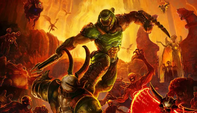 Il Doom Slayer combatte demoni infernali in un paesaggio apocalittico. Un'immagine perfetta per una doom eternal recensione.