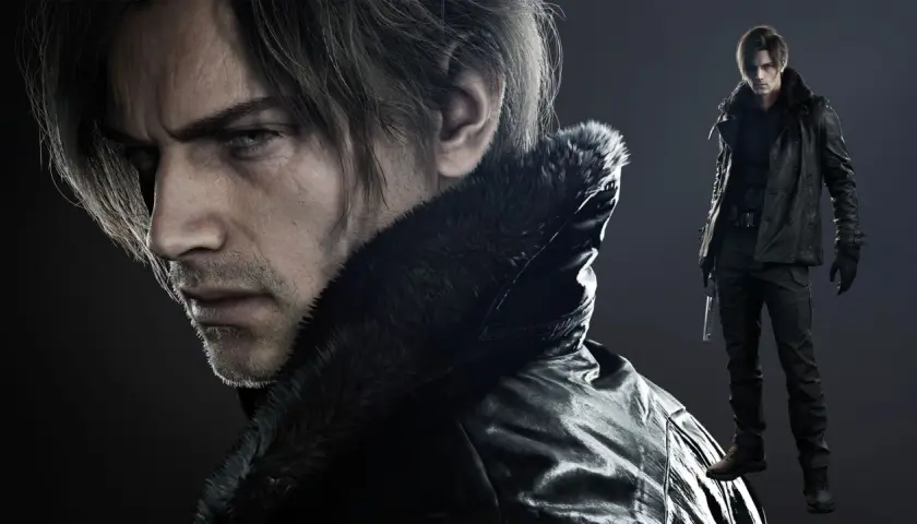 Leon Kennedy, protagonista di Resident Evil, con un'espressione intensa e un giubbotto di pelle con pelliccia.