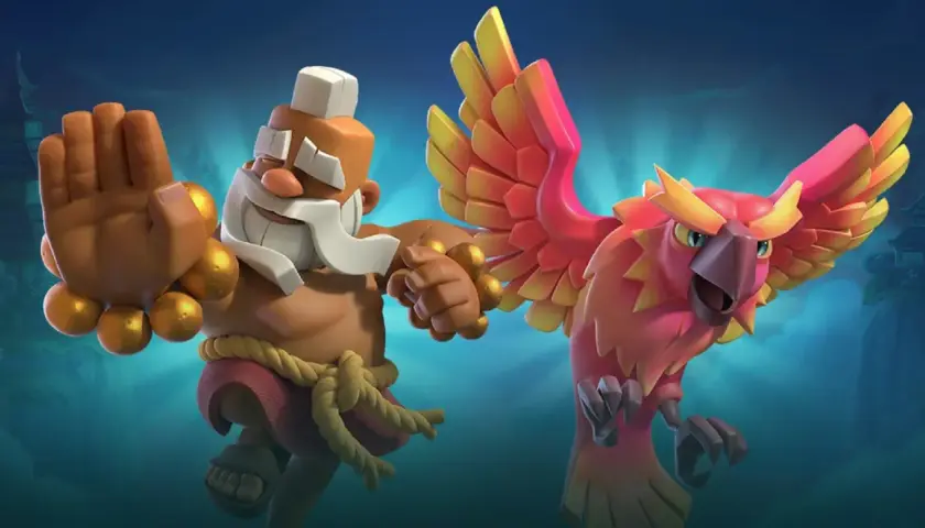 Un monaco con una mano alzata e un fenice fiammeggiante, due campioni di Clash Royale pronti alla battaglia.