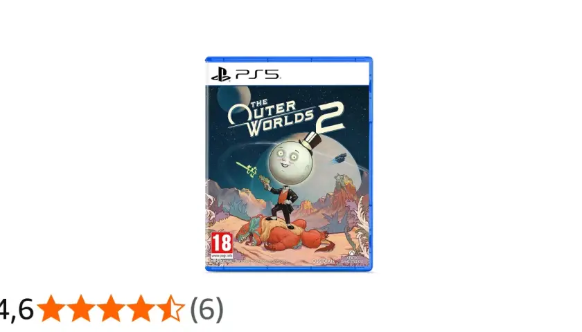 Copertina PS5 di The Outer Worlds 2, in attesa della release date. Un personaggio lunare con cilindro e un alieno rosso.
