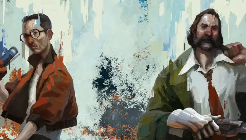 Due detective in stile Disco Elysium, la cui durata del gioco è notevole. Uno con occhiali, l'altro con baffi.