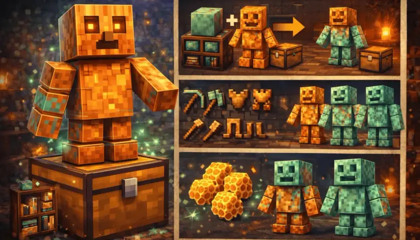 Un golem di rame di Minecraft, con dettagli scintillanti, accanto a casse e attrezzi. La sua trasformazione in rame ossidato è visibile.