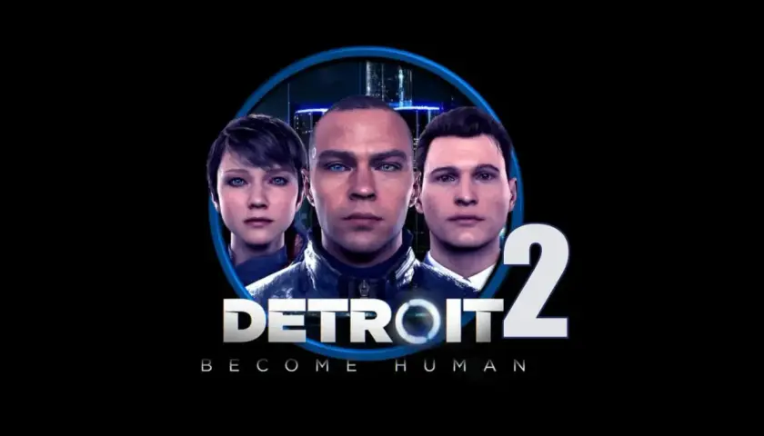 I volti di Kara, Connor e Markus emergono da un cerchio blu, con il logo "DETROIT BECOME HUMAN 2" in primo piano.