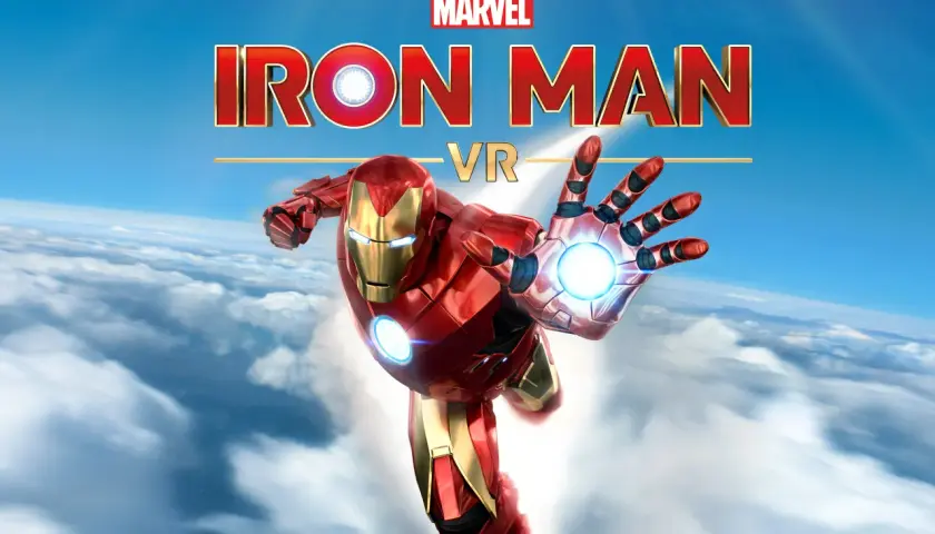 Iron Man in armatura rossa e oro vola tra le nuvole, pronto a lanciare un raggio repulsore. Il logo "Iron Man VR" è visibile, suggerendo un'esperienza di gioco per PS5.